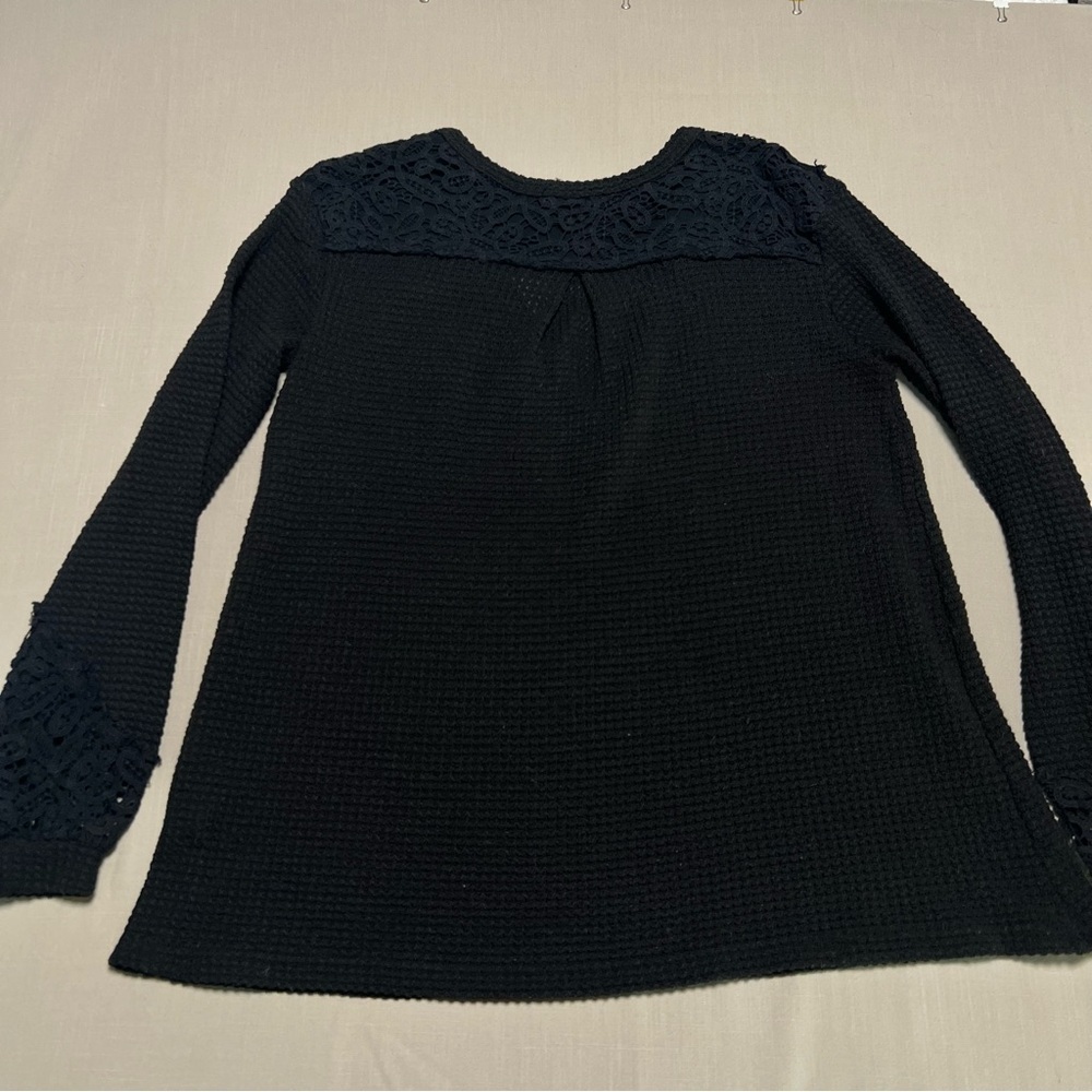 Miss Me Open Weave Waffle Knit Henley Top Crochet Details Summer Sweater Layer - Picture 11 of 12